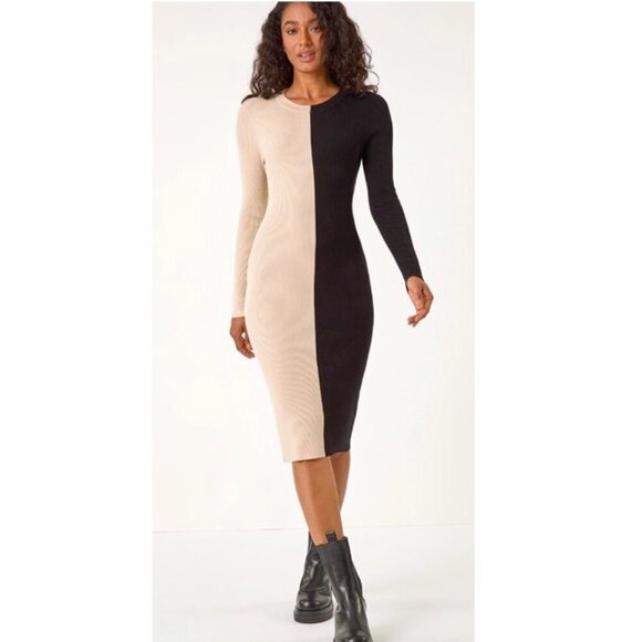 ONLY NWT Colourblock Knit Bodycon Midi Dress Cream/Oatmeal/Beige Black Sheath L - Picture 3 of 16